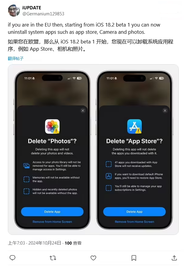 果洛苹果手机维修分享iOS 18.2 支持删除 App Store 应用商店 